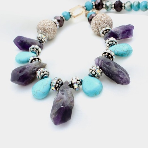 Rough Cut Amethyst Howlite Turquoise Statement Necklace - Picture 1 of 7